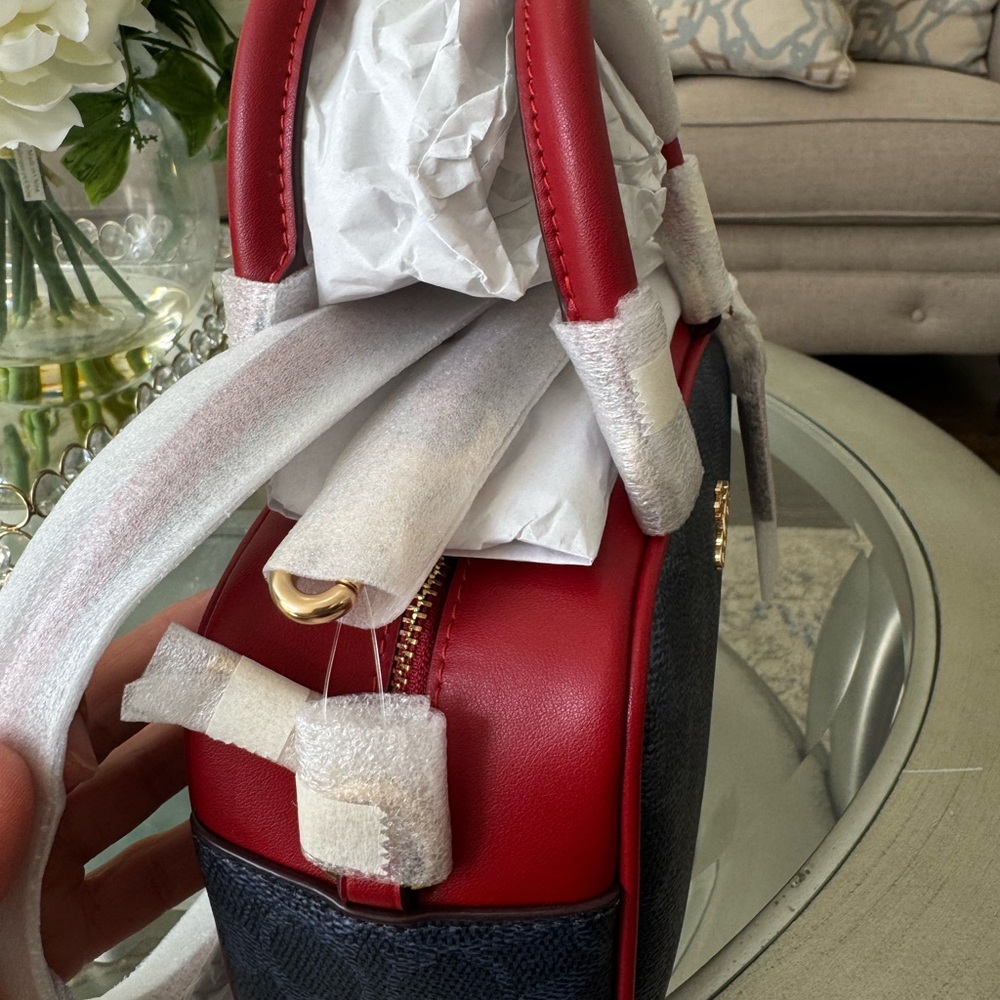 Satchel Crossbody Bag In Signature Canvas Denim/Bold Red CW197 - Picture 8 of 16